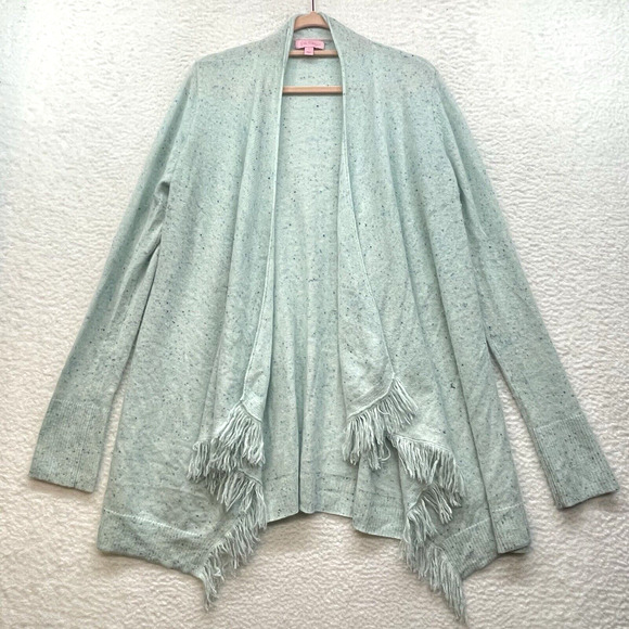 Lilly Pulitzer Sweater Womens Large Blue Inglewood Cashmere Cardigan Fringe Open - Picture 1 of 12